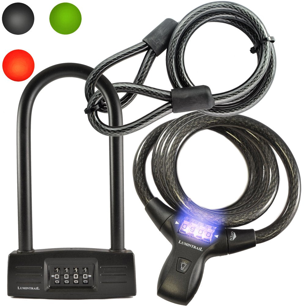 Lumintrail 14Mm 4 Digit Combination Cable Lock and Bicycle U-Lock D-Lock Combo Package with 4 Foot Security Cable