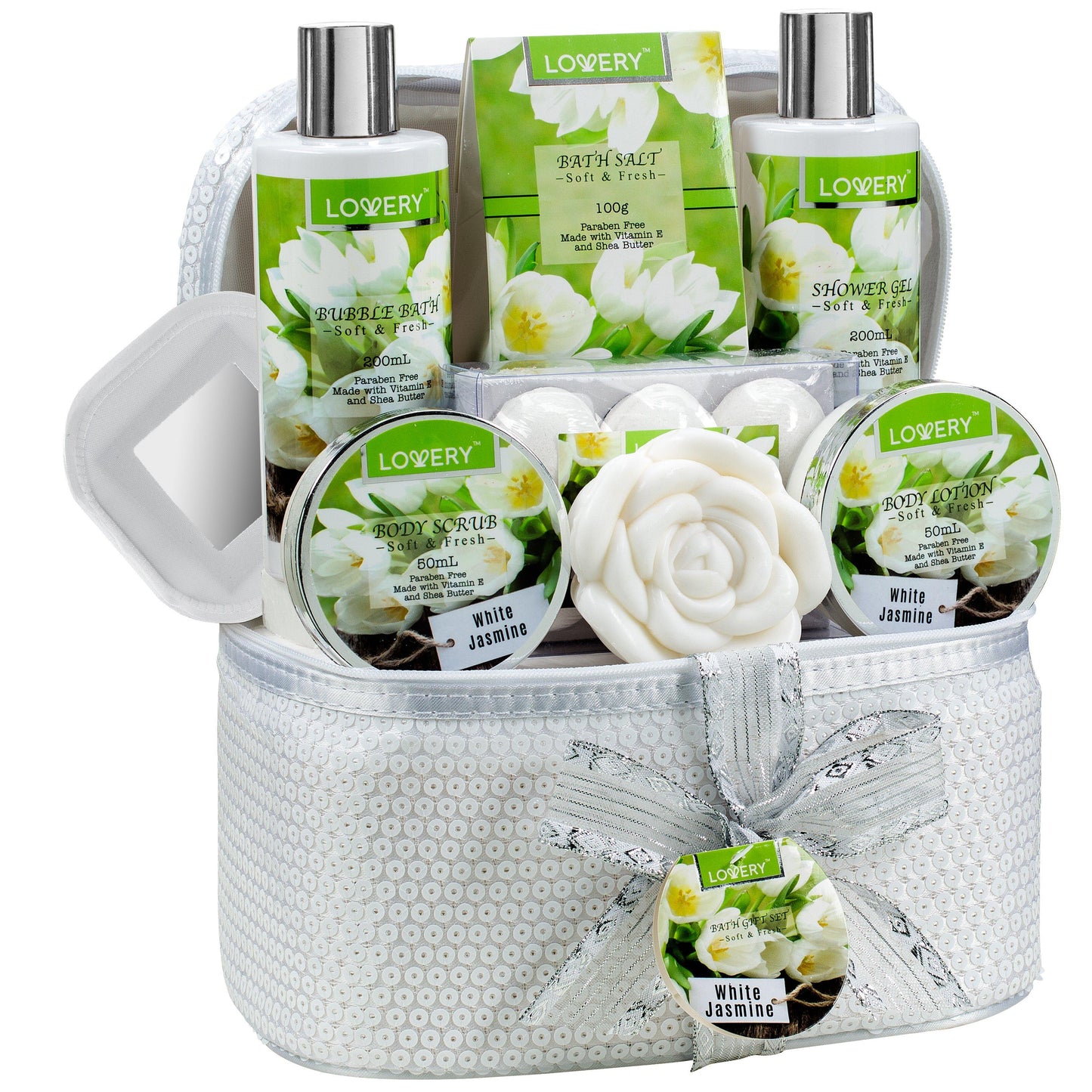 White Jasmine Bath Set - 13Pc Sequin Cosmetic Bag Kit
