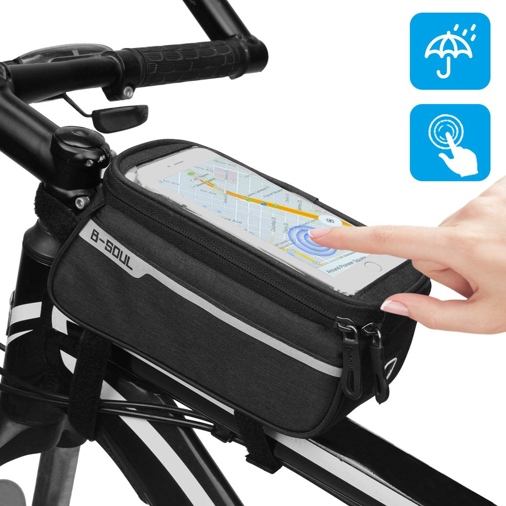 Bike Phone Mount Bag Bike, Front Frame Handlebar Bag, Waterproof Top Tube Cycling Storage Bag Bike, Phone Holder Case Bicycle Accessories Pouch with Sensitive Touch Screen for Cellphone below 6.3"