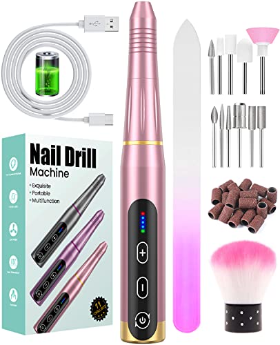 Electric Cordless Nail Drill, USB Rechargeable 5 Adjustable Speeds Electric Nail File, Professional Nail Drill for Gel/Acrylic Nails with 20000 RPM, Portable Manicure Pedicure Kit Gifts for Women Mum
