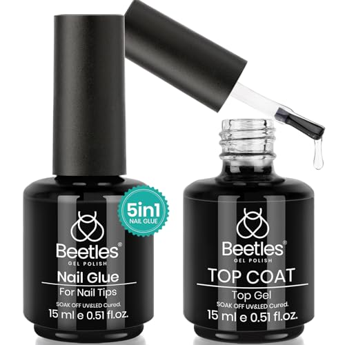 beetles Gel Polish 5 in 1 Nail Glue Base Gel and No Wipe Top Coat Kit 2PCS 15ML for Gel Nails Easy Nail Extension Gel, Soak Off LED Gel Shine Finish and Long Lasting