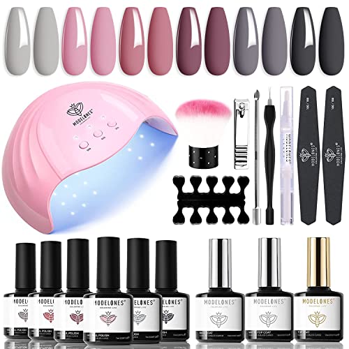 Modelones Gel Nail Polish Kit with uv light lamp - Includes 6 Nude Pink Soak-Off Gel Polish, Top & Base Coat, Manicure Tools, Everything Beginner Needs for Professional-Looking Manicures at Home