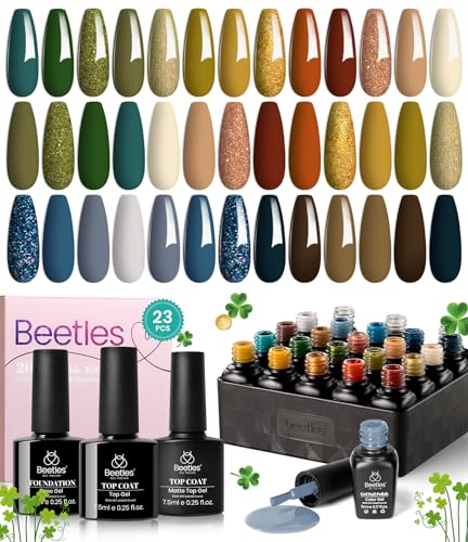 Beetles 20Pcs Gel Nail Polish Kit with Base Gel Top Coat Gift for Women Glamping Trip Emerald Green Orange Brown Blue Golden Holiday Gel Nail Polish Set Soak off UV DIY Manicure