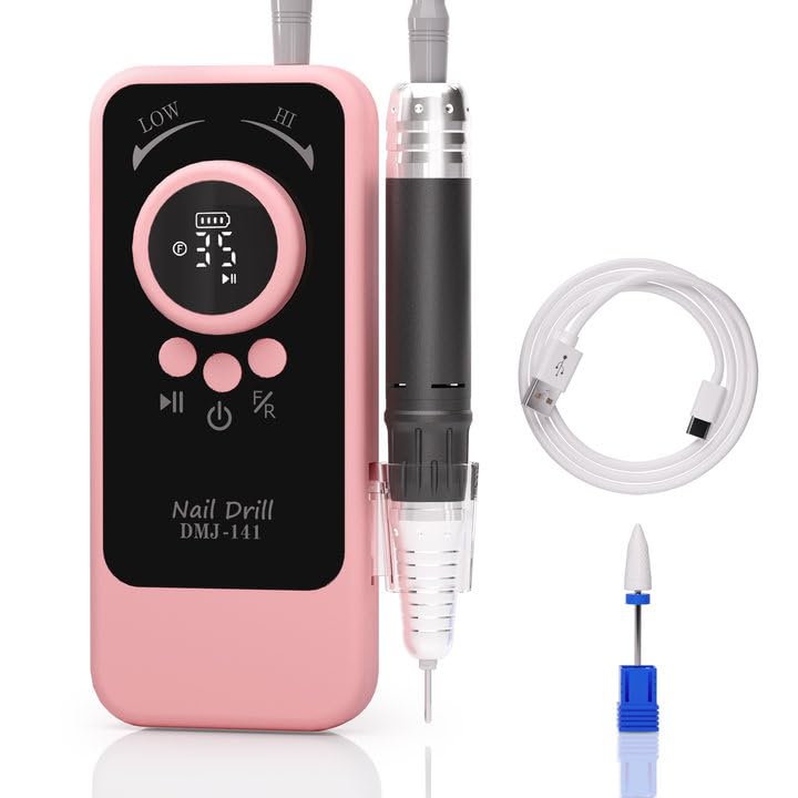 Supopular Portable Nail Drill, Professional Nail Drill Machine 35000 RPM,Rechargeable Electric Nail File Acrylic Gel Nails,Cordless Efile Kit for Manicure Salon Home,Pink
