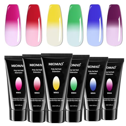 Miomao Poly Nail Gel Kit Temperature Color Changing 6 Colors Poly Extension Nail Builder Gel Nail Enhancement Kit for Manicure DIY Nail Art Home Salon Gift