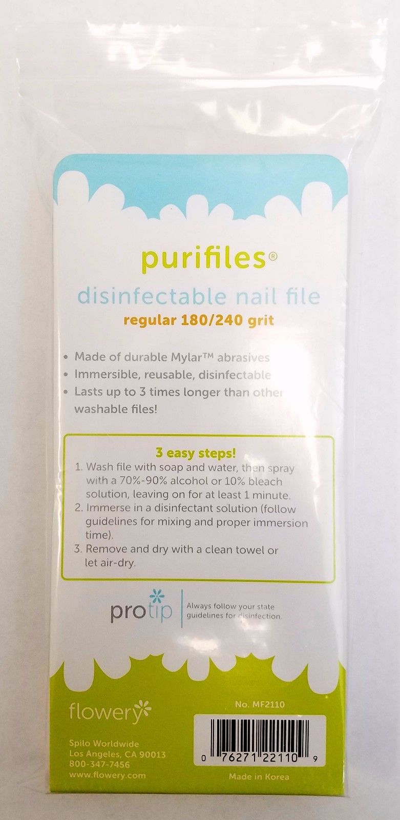 Pack of 20 Flowery Purifiles Disinfectable REGULAR Nail File - Choose Your Grit