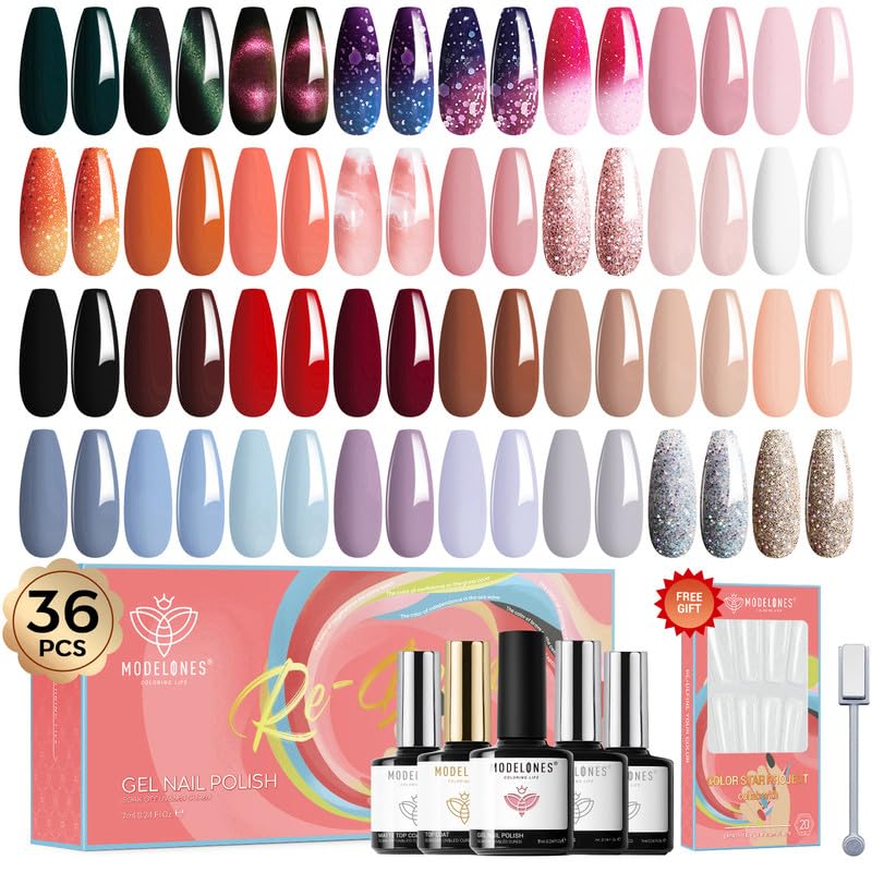 Modelones 36 Pcs Gel Nail Polish Kit 32 Colors Glitter Cat Eye Gel Polish Set Black Orange Brown Nude Nail Polish Kit with Glossy&Matte Top Base Coat and Nail Tips Halloween Nails Gift for Girls Women