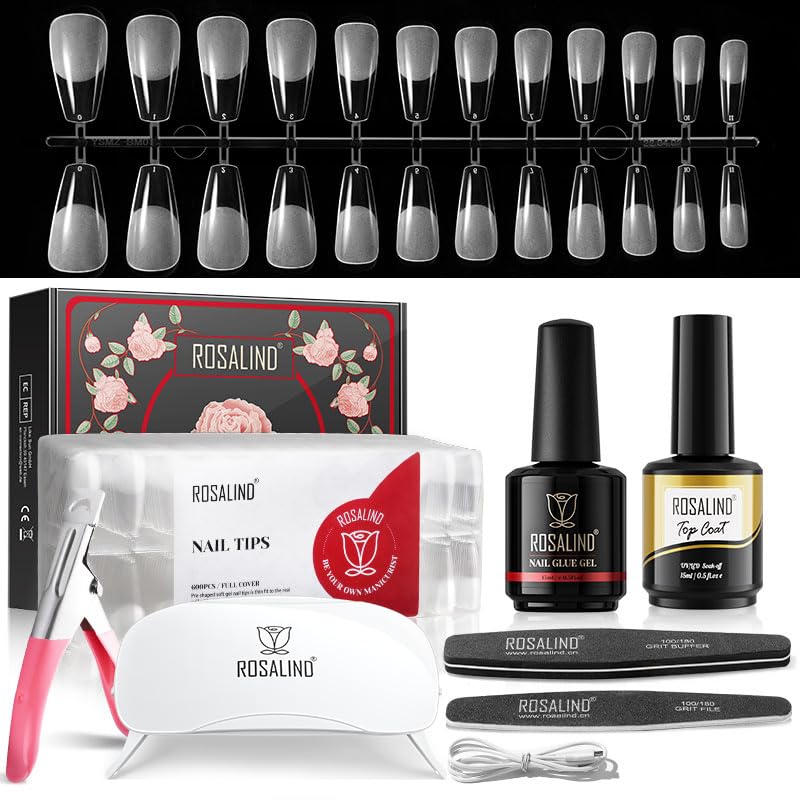 ROSALIND Nail Tips Kit, Half Matte Medium Coffin Fake Nail Tips with Nail Glue Gel Top Coat LED Nail Lamp Nail Buffer File Nail Clipper, 600PCS Full Cover False Nail Tips12 Sizes Nail Extension Kit