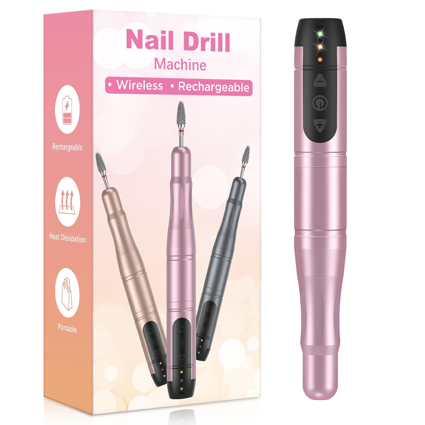 SENMO Wireless Electric Nail Drill, Rechargeable Professional for Acrylic Gel Nails, Portable Nail Drill Machine Kit for Manicure Pedicure Nail Set with Everything (RosePink)