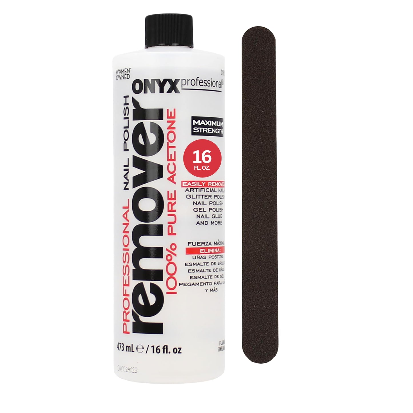 Onyx Professional 100% Pure Acetone Nail Polish Remover with Nail File, Maximum-Strength Nail Polish Remover for Gel, Artificial & Glitter Nail Polish, Quick and Effective Formula, 16 Fl Oz