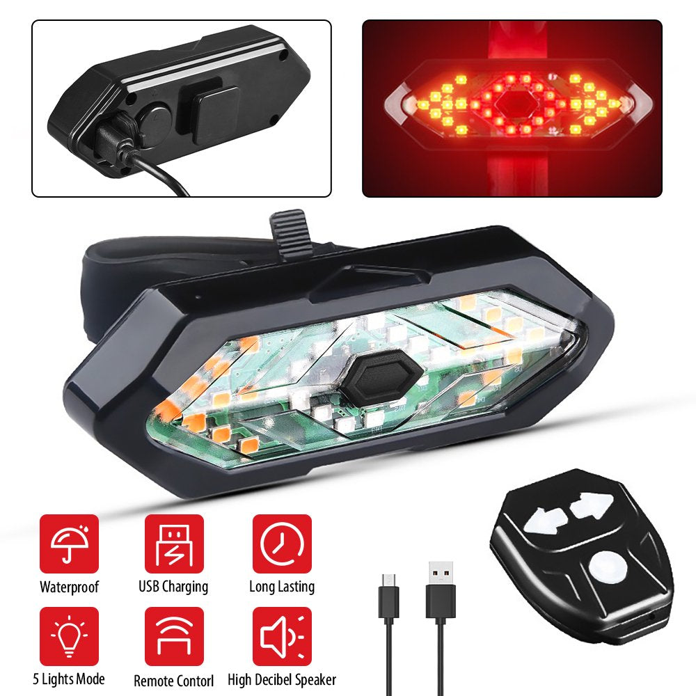 Smart Bike Tail Light with Turn Signals, Wireless Remote Control, 5 Modes, Waterproof Suitable LED Rear Light, Warning Lamp USB Rechargeable Safety Cycling Brake Light for Road Bicycle
