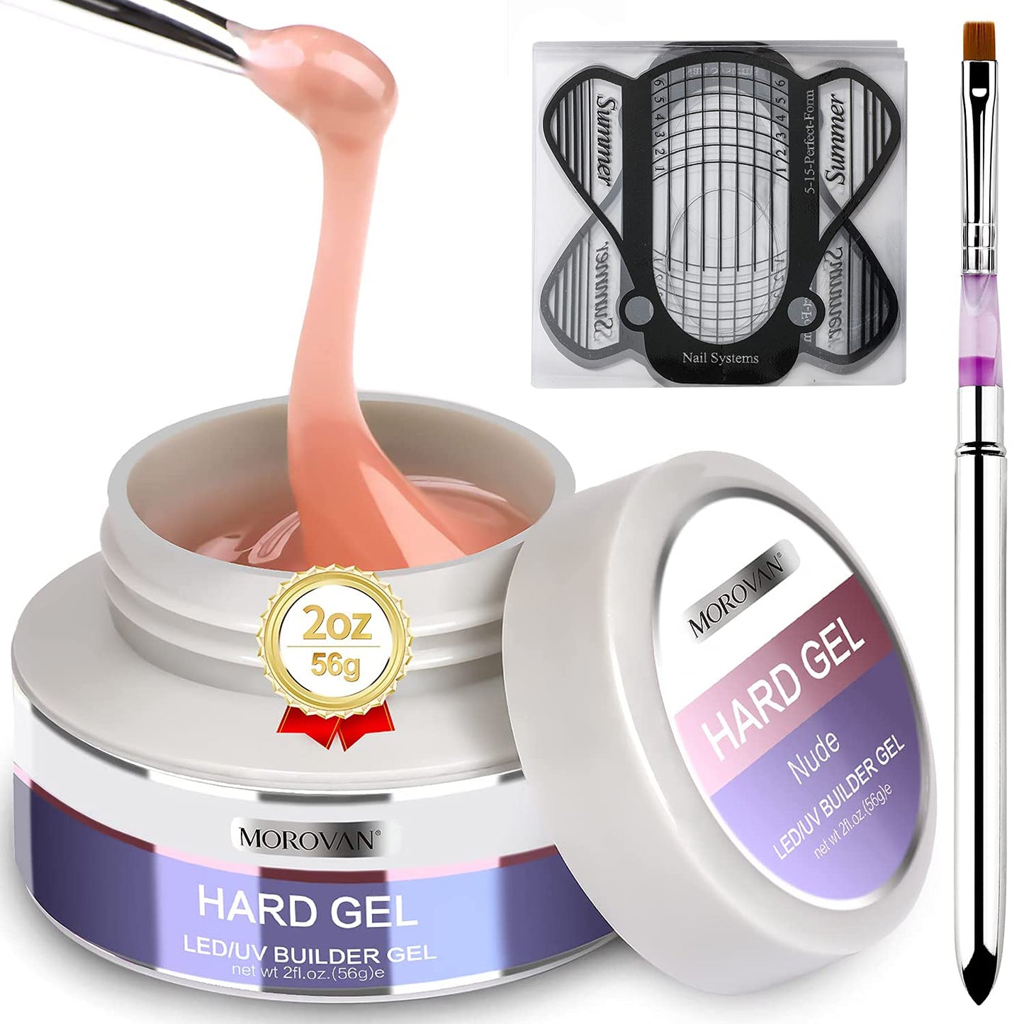 Morovan Builder Gel Nail Kit - 2oz Nude Pink Hard Gel U V Gel Builder Gel for Nails Nail Extension Gel Kit with Nail Forms and Nail Brush for professionals