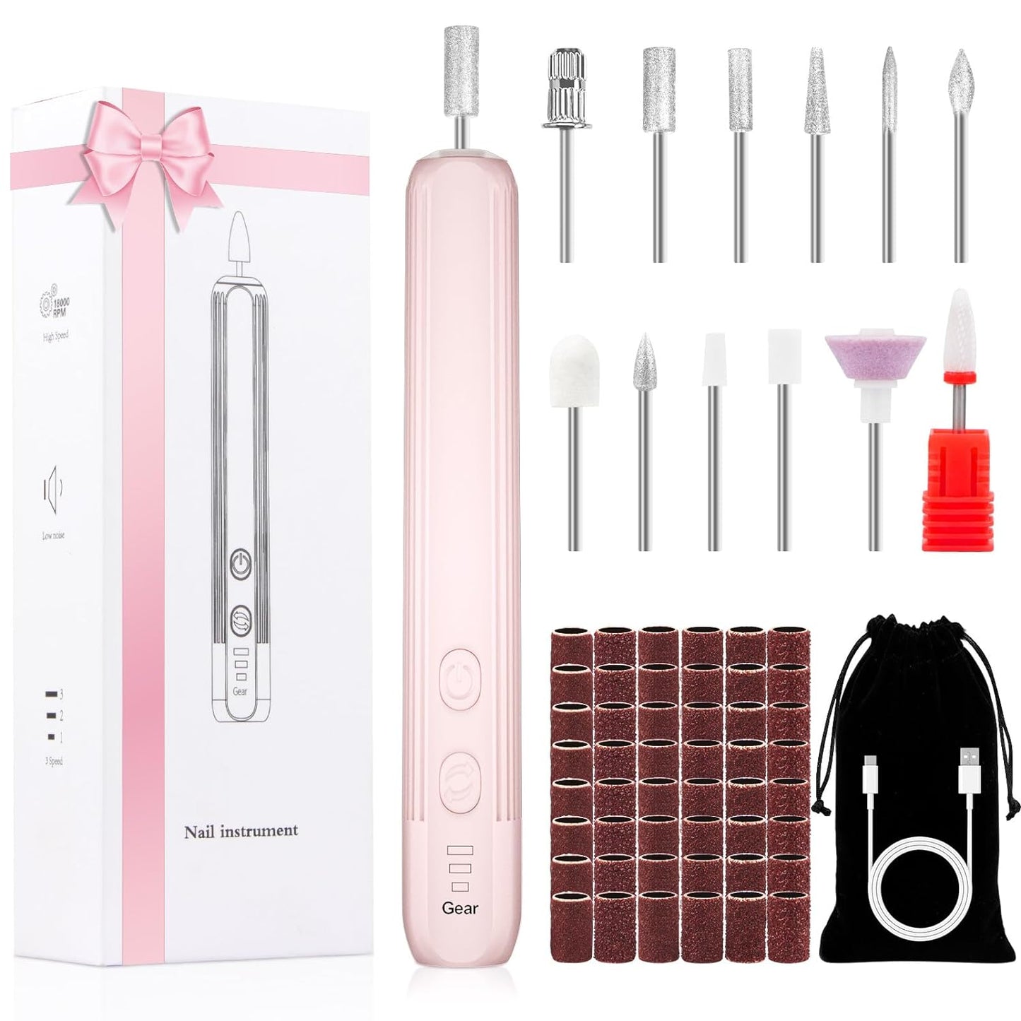 Professional Electric Nail Drill Kit, Portable Cordless Nail File Set for Acrylic, Gel Nails, Manicure and Polishing with 100Pcs Sanding Bands1