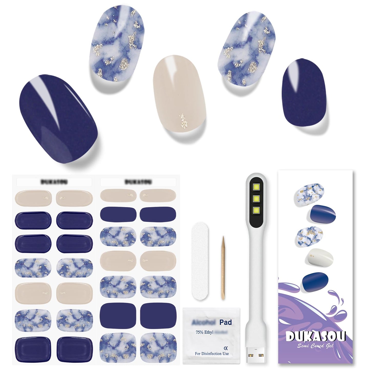 DUKASOU Semi Cured Gel Nail Strips, 28pcs Real Nail Polish Art Stickers/Wraps with UV Light, Includes Prep Pads, Nail File & Wood Stick, Sticker Nails for Women Girls Kids DIY(Navy Blue)
