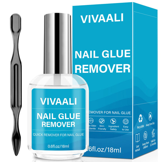VIVAALI Nail Glue Remover for Press on Nails with pusher, Qucikly Removes for False Nail Tips, Enriched with Vitamin E, 0.6fl.oz/18ml, Can't Remover Gel Nail Polish