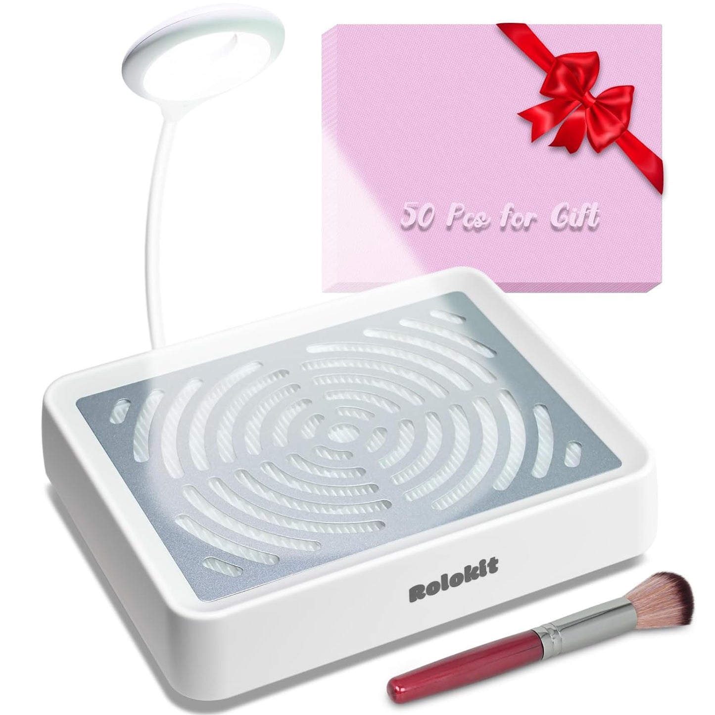 Nail Dust Collector with Lamp&50pcs Disposable Filter&Dusting Brush, Electric Nail Vacuum Cleaner Dust Fan Suction Machine for Manicure Acrylic Gel Nails Polishing, Low Noise, Salon Home