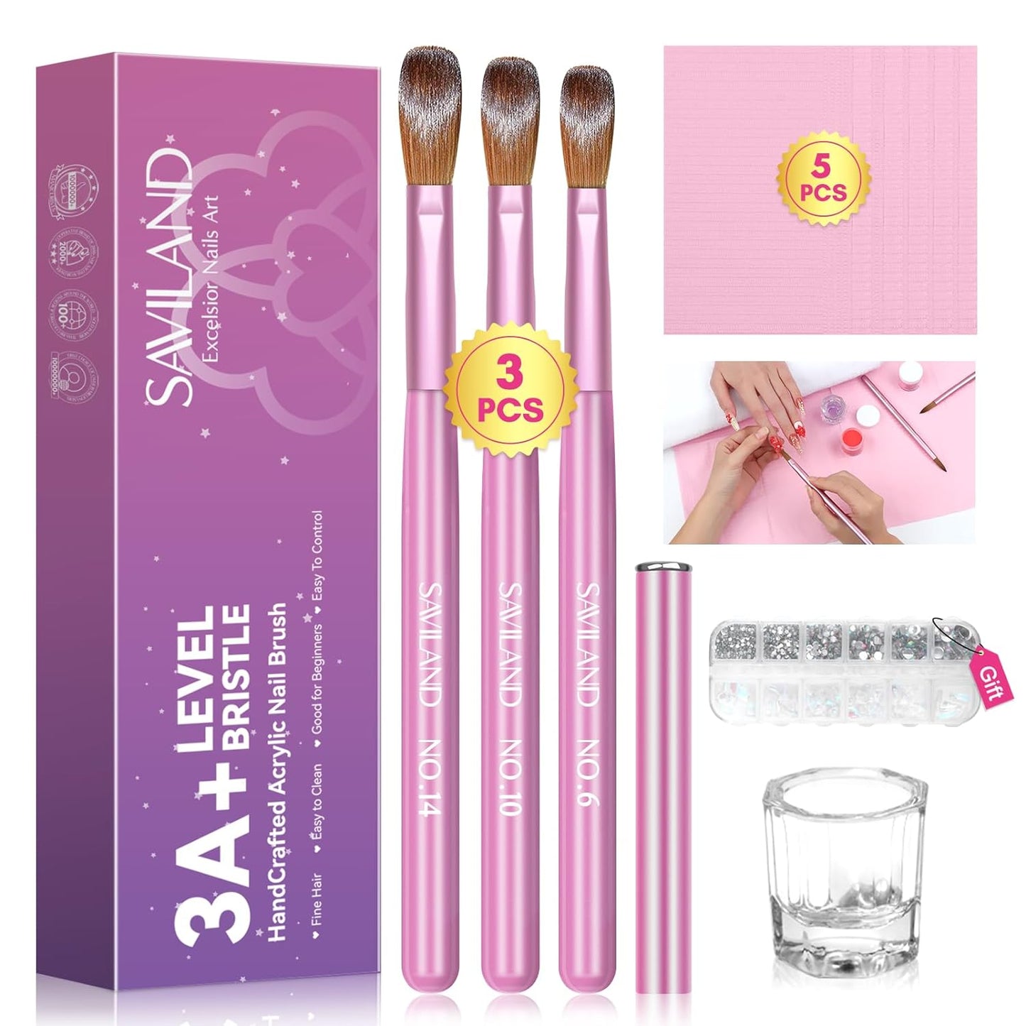 Saviland Acrylic Nail Brushes for Beginners: 3PCS Acrylic Nail Brush Set Size 14 10 6 Nail Brushes for Acrylic Application Pink Handle Acrylic Powder Brush Sturdy Kolinsky Hair Brush Nail Art Kit