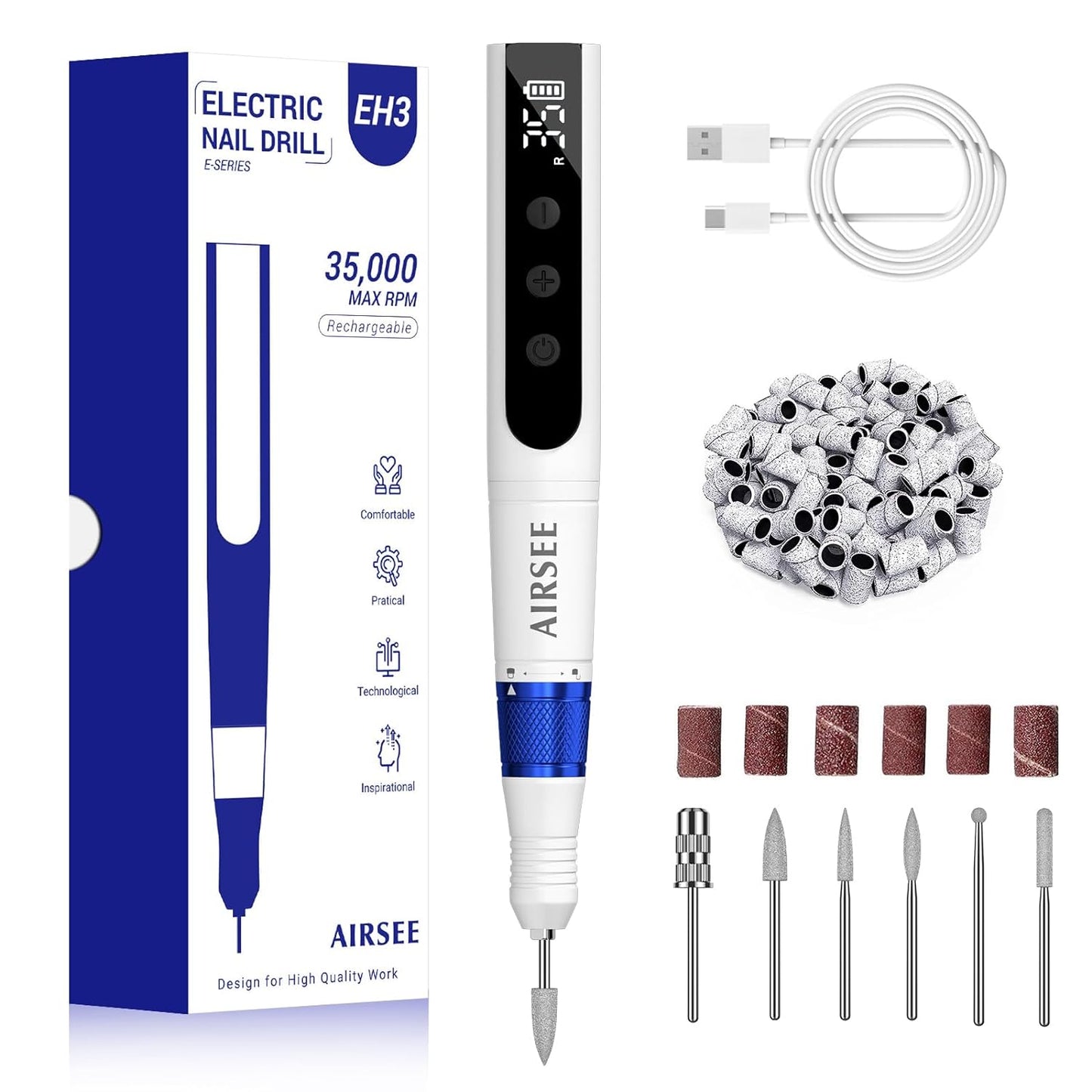 AIRSEE Cordless Electric Nail Drill 35000RPM Professional Portable Rechargeable E File Kit Efile Machine Filer for Acrylic Polish Gel Removal Manicure Remover Tool with 6 Bits and 50 Sanding Bands EH3