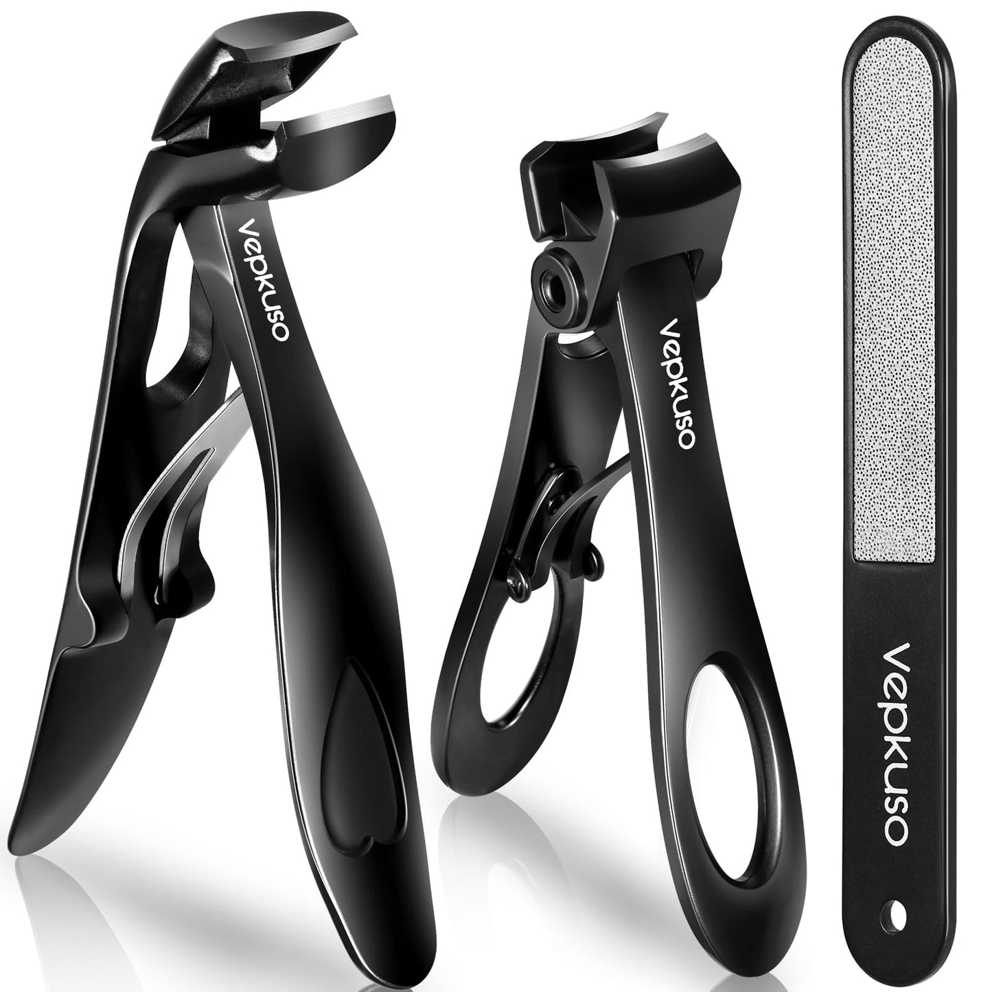 Vepkuso Nail Clippers for Seniors, Wide Jaw Fingernail Clippers and Angled Head Toenail Clippers for Thick Nail, Stainless Steel Professional Nail Cutter with File for Men, Women&Pregnant,Black