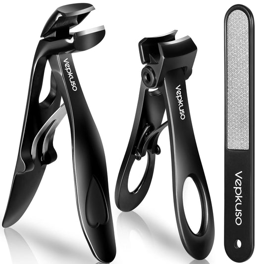 Vepkuso Nail Clippers for Seniors, Wide Jaw Fingernail Clippers and Angled Head Toenail Clippers for Thick Nail, Stainless Steel Professional Nail Cutter with File for Men, Women&Pregnant,Black