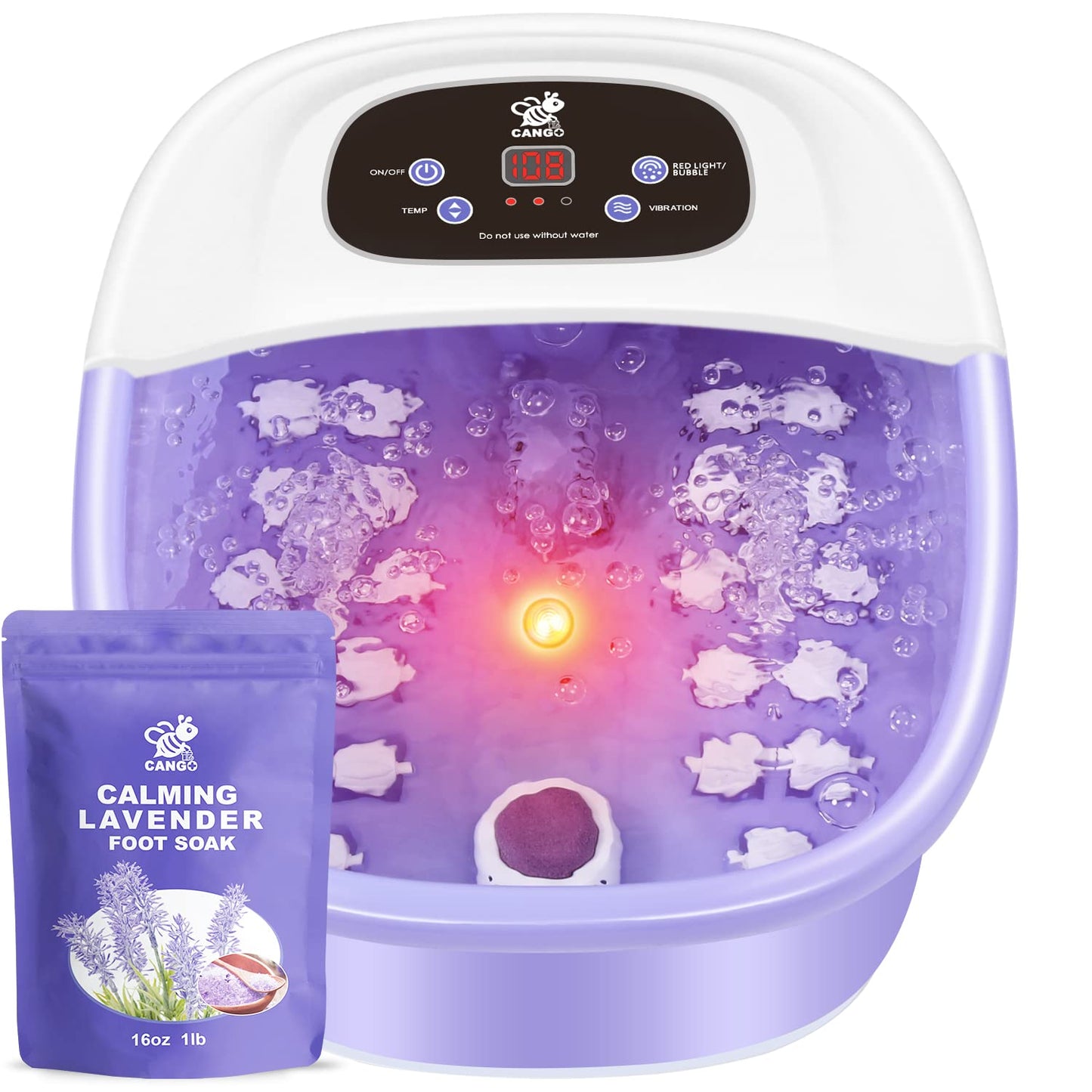 Foot Spa Bath Massager with Heat Bubbles and Vibration Massage and Jets, 16 OZ Calming Lavender Foot Soak Epsom Salt, CANGO Foot Soaker With Infrared Light, 22 Massage Rollers, Adjustable Temp -Purple