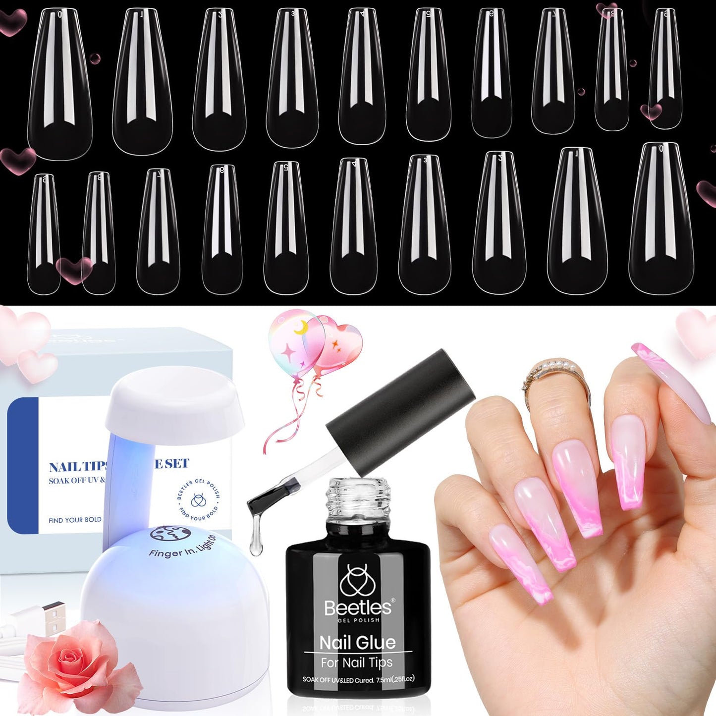 Beetles Gel Nail Kit Easy Nail Extension Set with 500Pcs Soft Gel Nail Tips Coffin Shape 5 In 1 Nail Glue Base Gel and Innovative Led Lamp Easy Diy Nails Art Home Gelly Tips
