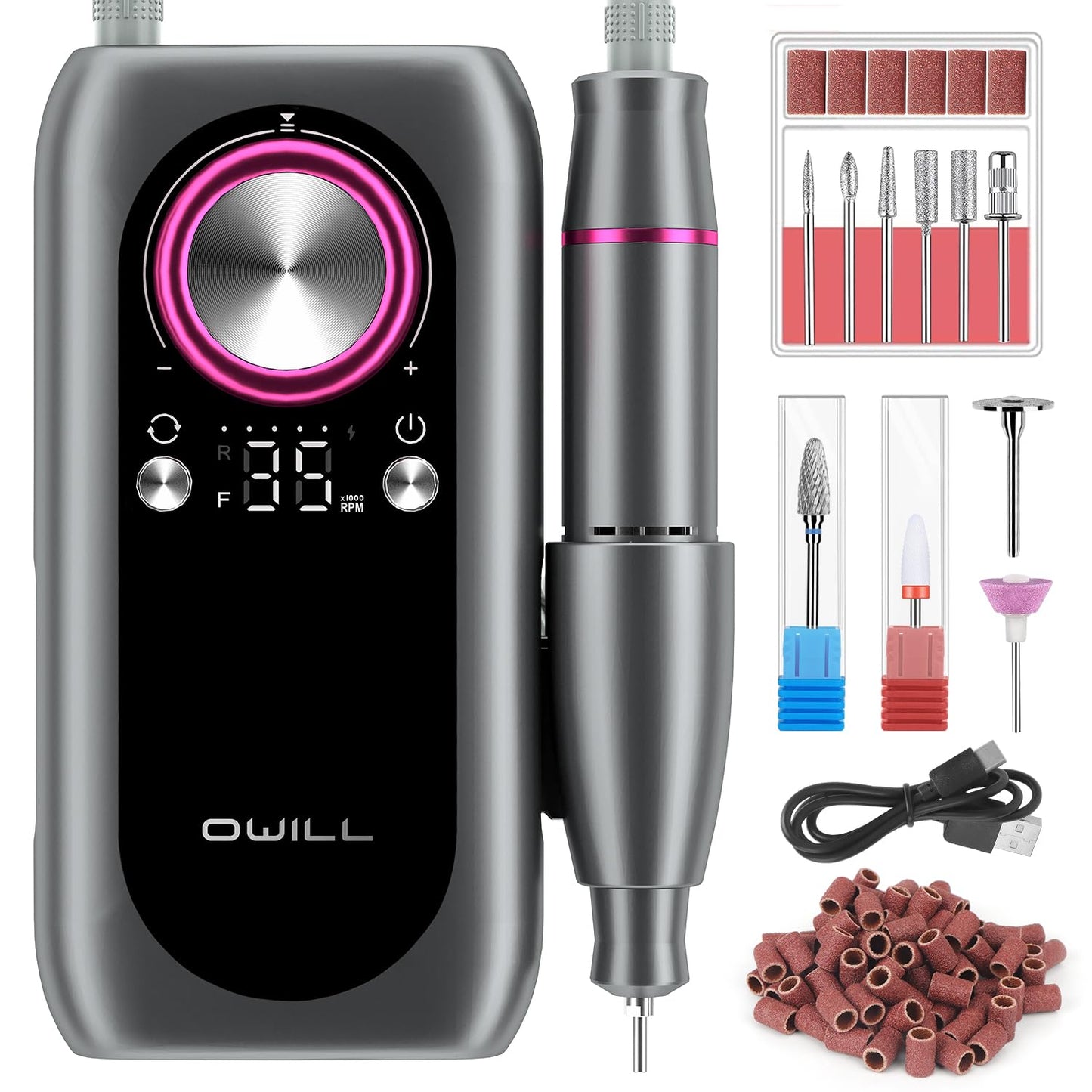 OWill Electric Nail Drill Professional,35000RPM Rechargeable Nail Drill Machine with LED Display,Portable Electric Nail File Efile Nail Drill for Salon Home Nail Drill Kits