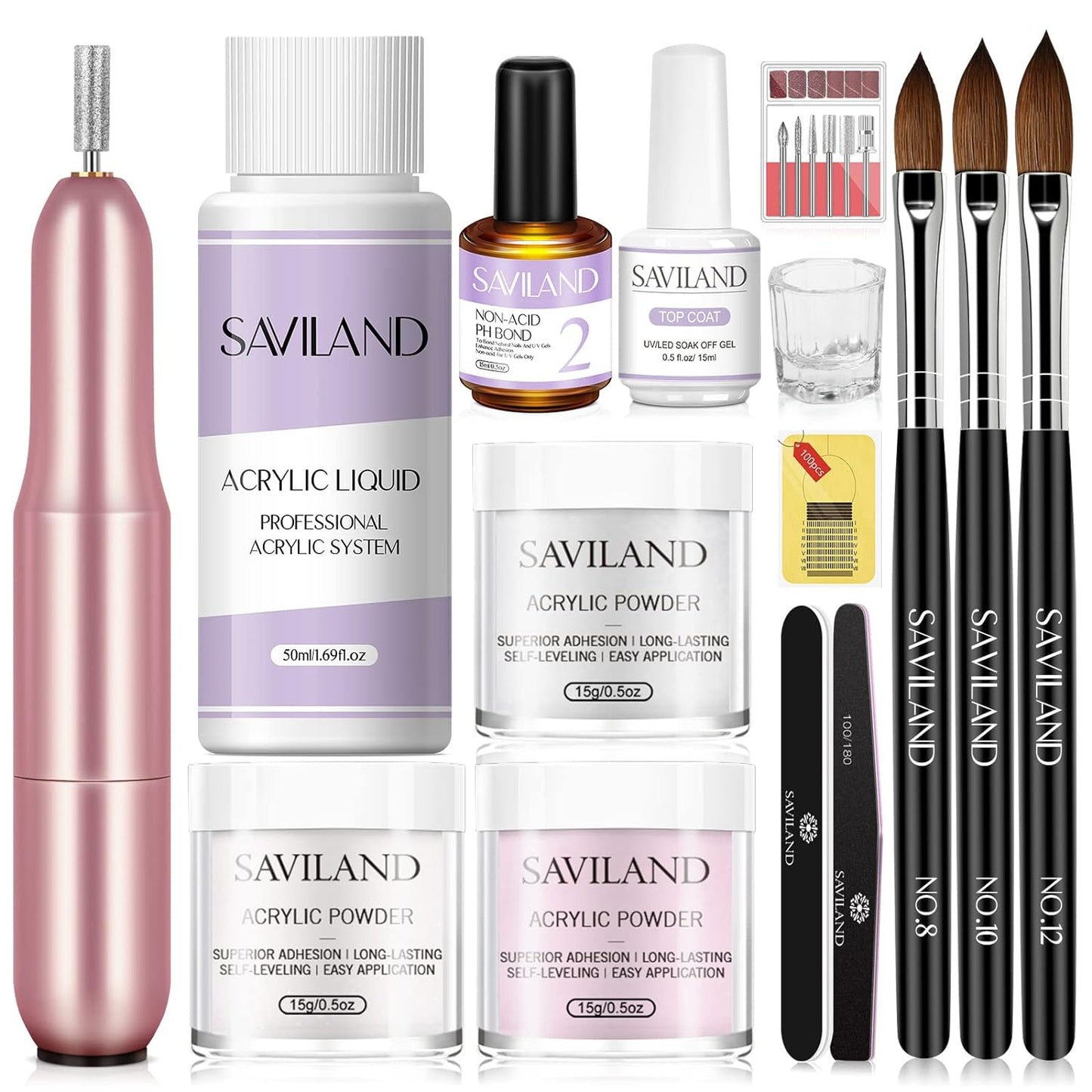 SAVILAND Acrylic Nail Kit with Drill for Beginners - 0.5oz Clear White Pink Acrylic Powder and Liquid Set Acrylic Nail Brushes Professional Nails Kit Acrylic Set Home DIY Nail Extension Carving