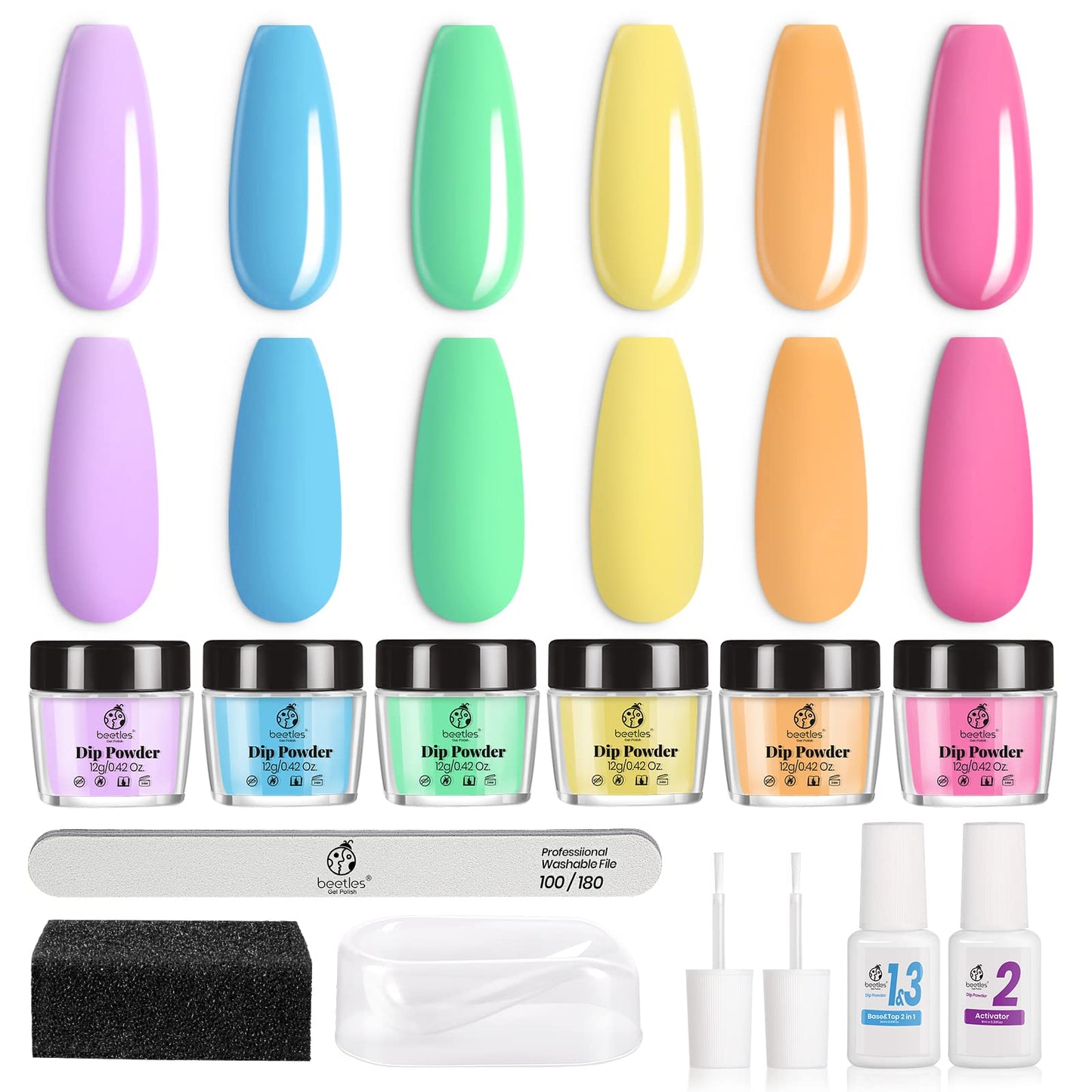Beetles Dip Powder Nail Kit - 6 Colors Pastel Bright Spring Summer Yellow Pink Blue Nail Dipping Powder Set with Base Top Coat Activator Spare Brushes for Diy Nail Art Salon Manicure