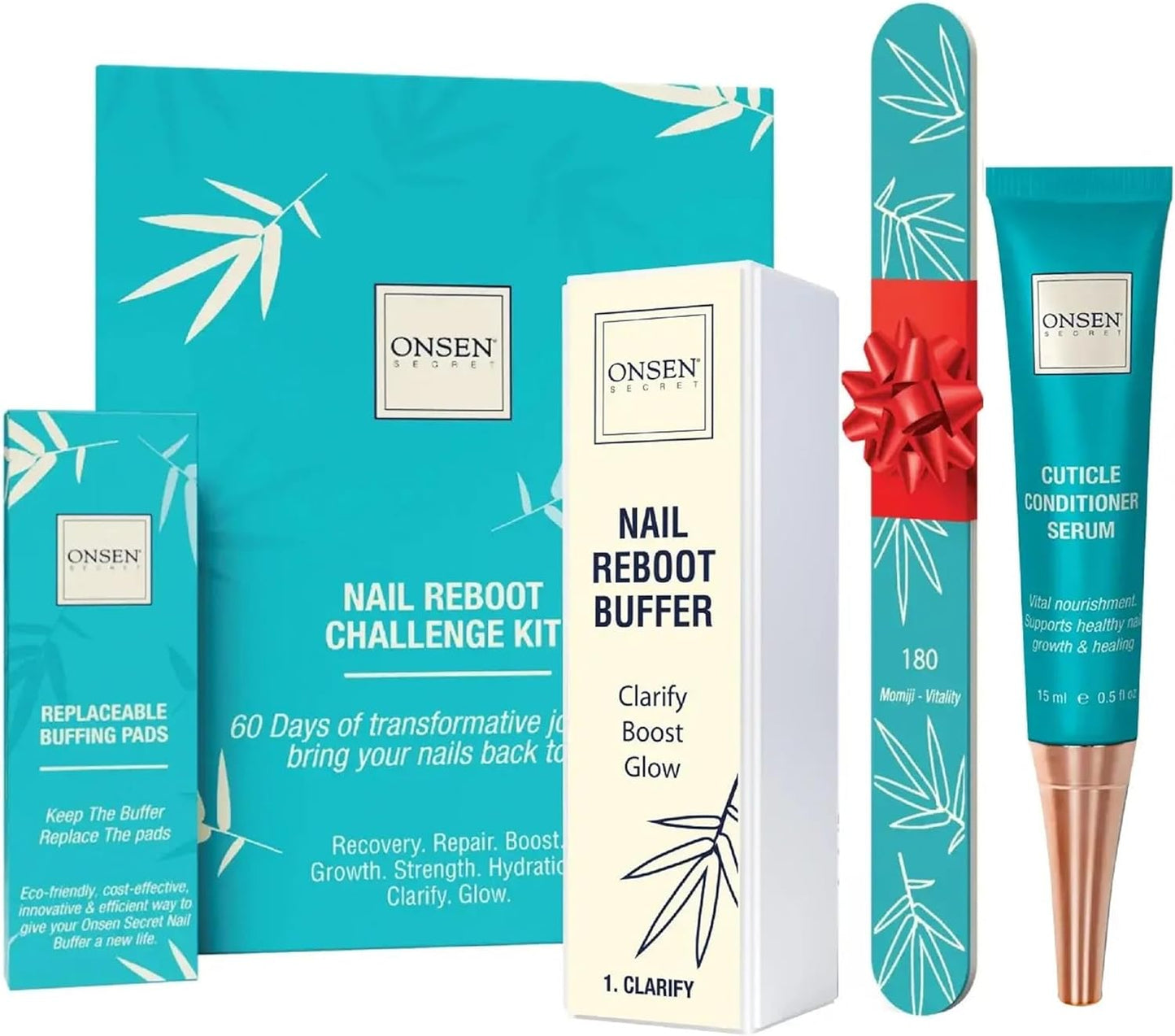 Onsen Secret Essential Nail Reboot Kit (Serum) - Professional Nail File, 3-Way Nail Buffer Block Nail File w/Replacement Pads & Nail Cuticle Serum for Healthy Nails | Nail Care Kit for Women & Men