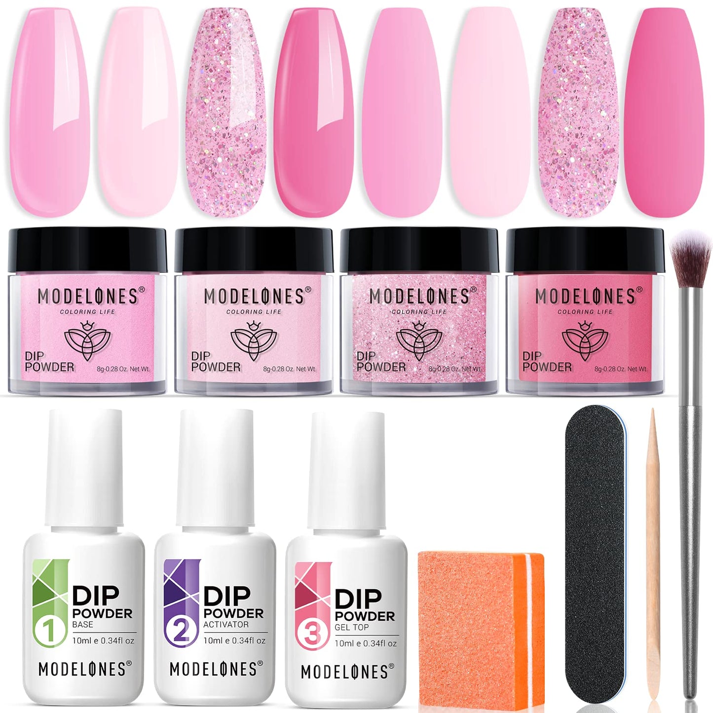 Modelones Dip Powder Nail Kit Starter, 4 Colors Light Hot Pink Glitter Dipping Powder Essential Liquid Set with Base Top Coat Activator French Nail Art Manicure DIY Salon All-in-One Beginner Kit Gift