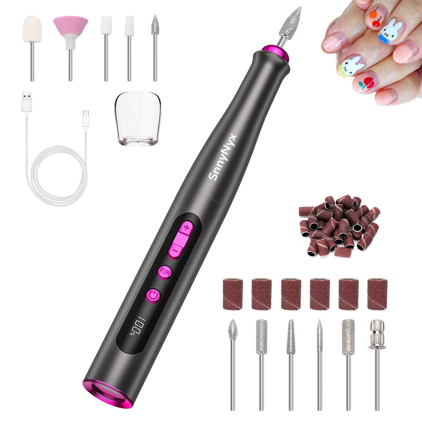 SnnyNyx Electric Nail Drill Machine Professional Nail Efile Kit LCD Display 25000RPM 5 Speed Cordless Nail File Set for Acrylic Poly Gel Nails Manicure Pedicure Polishing Tools Home Slon Nail Art