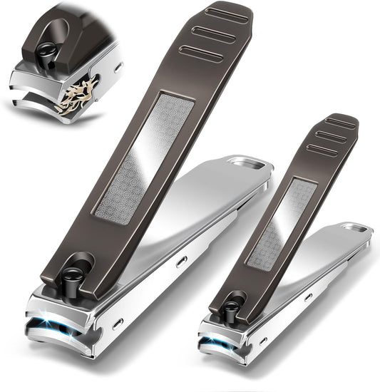 Toe Nail Clippers Adult,Nail Clippers with Catcher, Large&Small 2 PCS Professional Stainless Steel Nail Clippers, Long Handle No Splash Nail Clipper with File,Travel Finger Nail Clipper (Black)