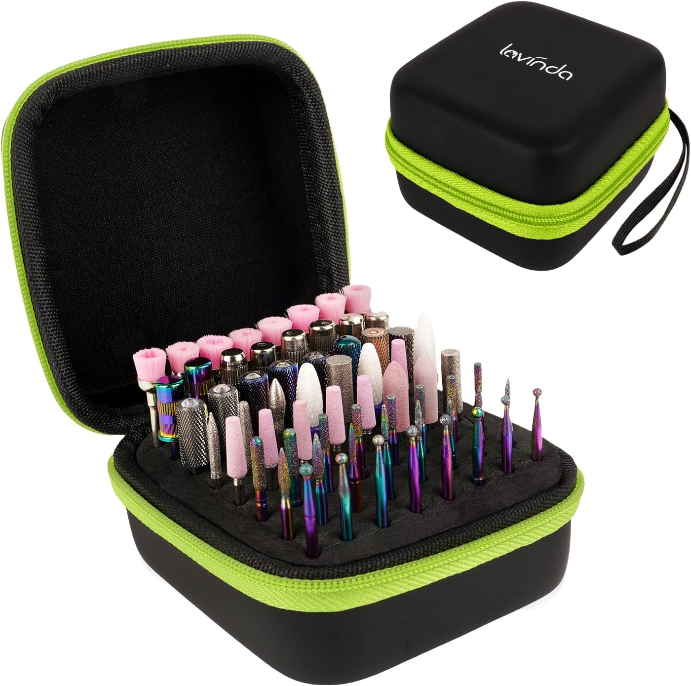 Lavinda Nail Drill Bits Holder, Dustproof Displayer Organizer Container, 64 Holes Nail Bits Container Box Case with High Density Foam to Avoid Slipping & Scratches (Drill Bits Not Included)