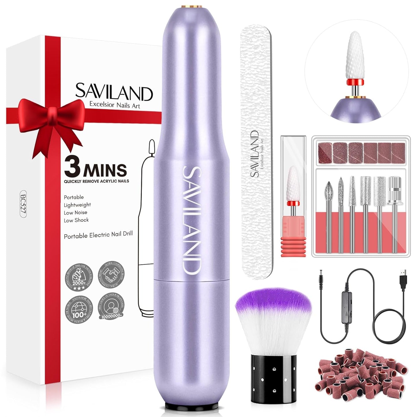 Saviland Nail Drill: Portable Electric Nail Drill Kit 20000RPM Nail Drill Purple 7 Nail Drill Bits Cuticle Bit Nail File (100/180 Grit) 51 Sanding Bands Beginners at Home Manicure Pedicure