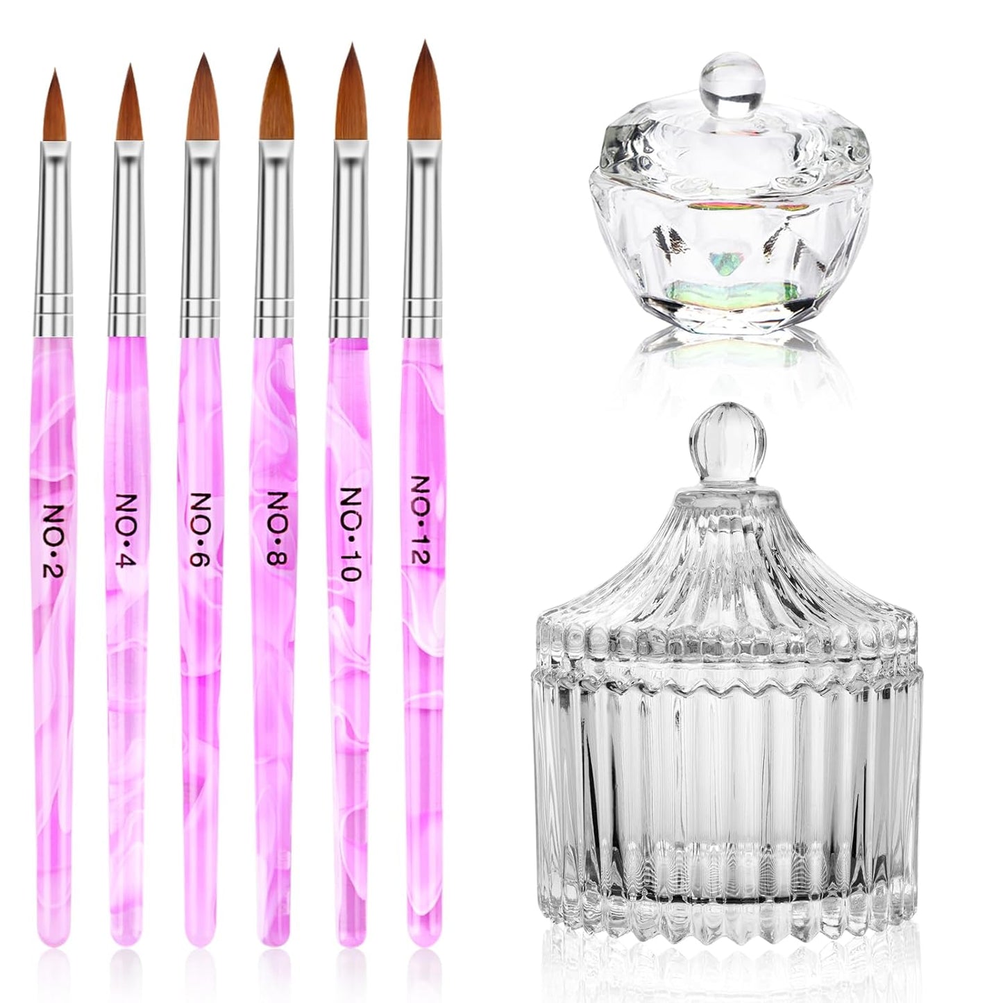 Acrylic Nail Brush Dappen Dish Set, 6PCS Nail Art Pen and 2PCS Crystal Dappen Dish for Acrylic Nails, Manicure Bowl Cup Glass Container for Acrylic Liquid Nail Tool Kit