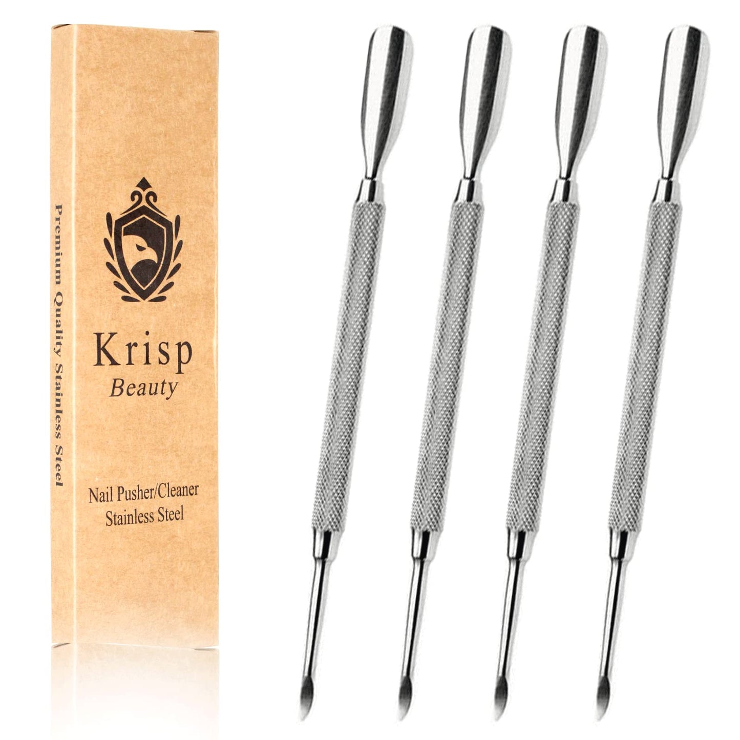 Cuticle Pusher Dual Sided - Sharp Edge Spoon Shaped Double Ended Cuticle Pusher Remover Cleaner Surgical Medical Grade Stainless Steel Manicure Pedicure Nail Art Care Tools 4 PC Set By Krisp