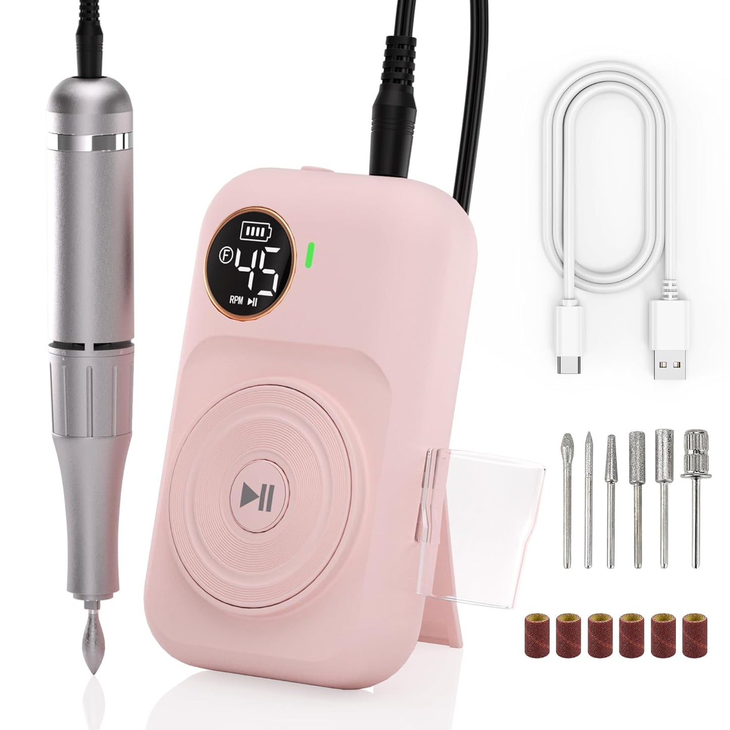 Electric Nail Drill Kit, Low Noise, Low Heat, Low Vibration, Professional Acrylic Nail Drill Machine with 6 Nail Drill Bits and Sanding Bands, Great for a DIY Home or Salon Mani-Pedis (Pink)