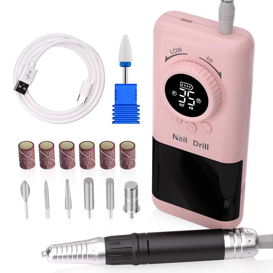 35000RPM Portable Electric Nail Drill for Pro Manicure & Pedicure - Includes 6 Nail Bits for Acrylic and Gel Polish Removal - Ideal Polishing Tool for Home and Salon Use(Pink)