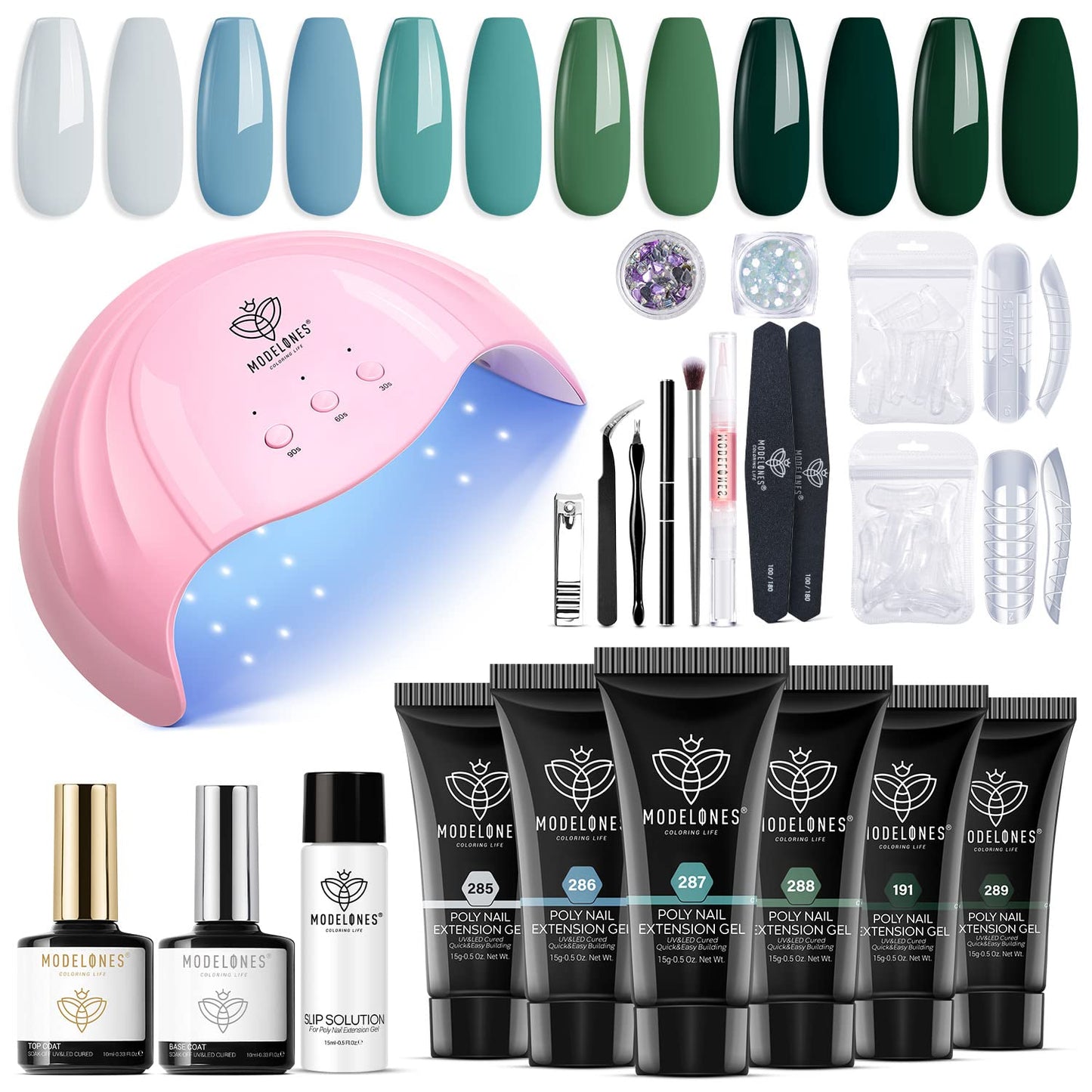 Modelones Poly Nail Gel Kit - 6 Colors with 48W Nail Lamp Dark Emerald Green Extension Gel Misty Gray Blue Fall Winter Builder Gel Slip Solution Glitter All In One Nail Kits for Starter DIY Gift