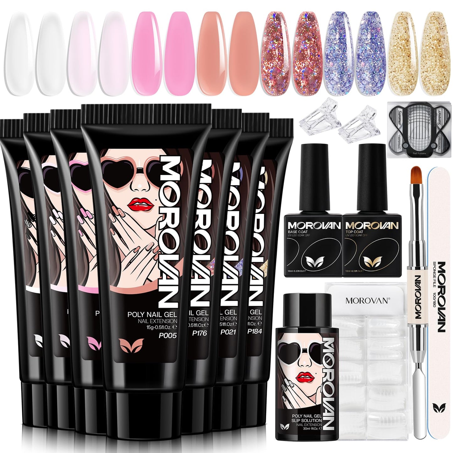 Morovan Poly Gel Nail Kit: 7 Colors Poly Nail Gel Kit Contain Pure Gillter Poly Nail Extension Gel Complete Poly Gel Kits for Beginner with Everything Builder Gel DIY At Home