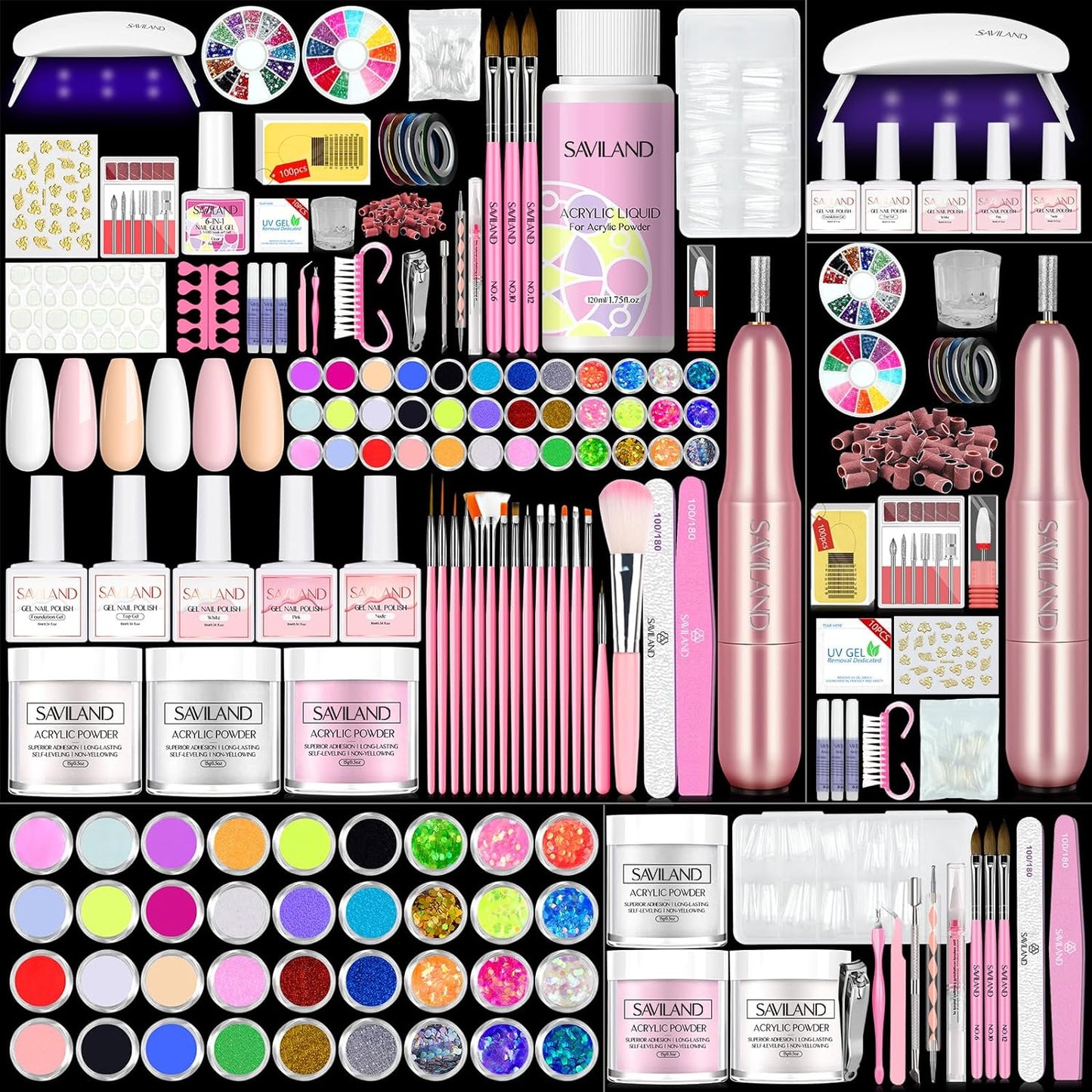 Saviland Nail Kit Set Professional Acrylic with Everything - Acrylic Powder and Acrylic Liquid Nail Drill Gel Nail Polish Nails Tips and Glue Gel Kit, Acrylic Nail Kit for Beginners Home DIY Salon