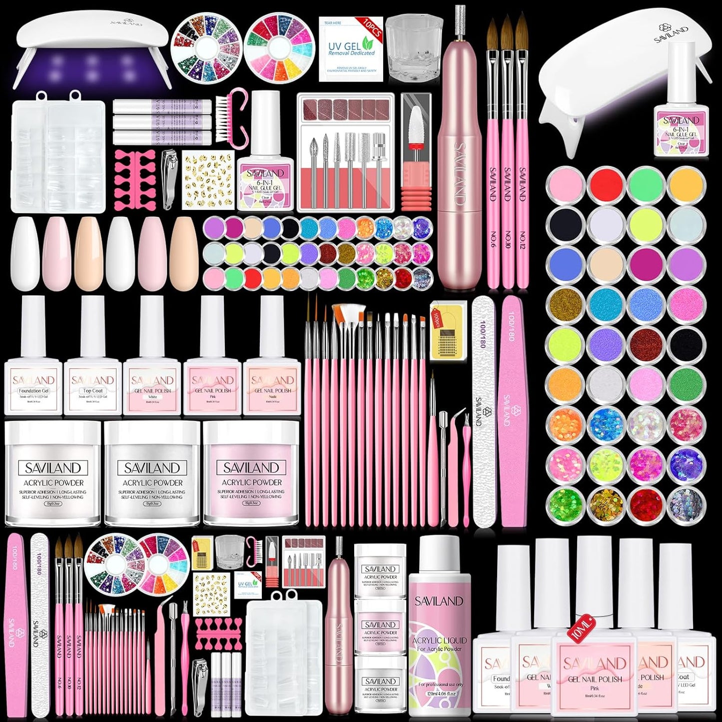 Saviland Acrylic Nail Kit with Nail Drill – Nails Kit Acrylic Set Professional Acrylic with Everything U V Light Nail Art Brush Glitter Nail Powder Nail Stuff for Home DIY Salon Use