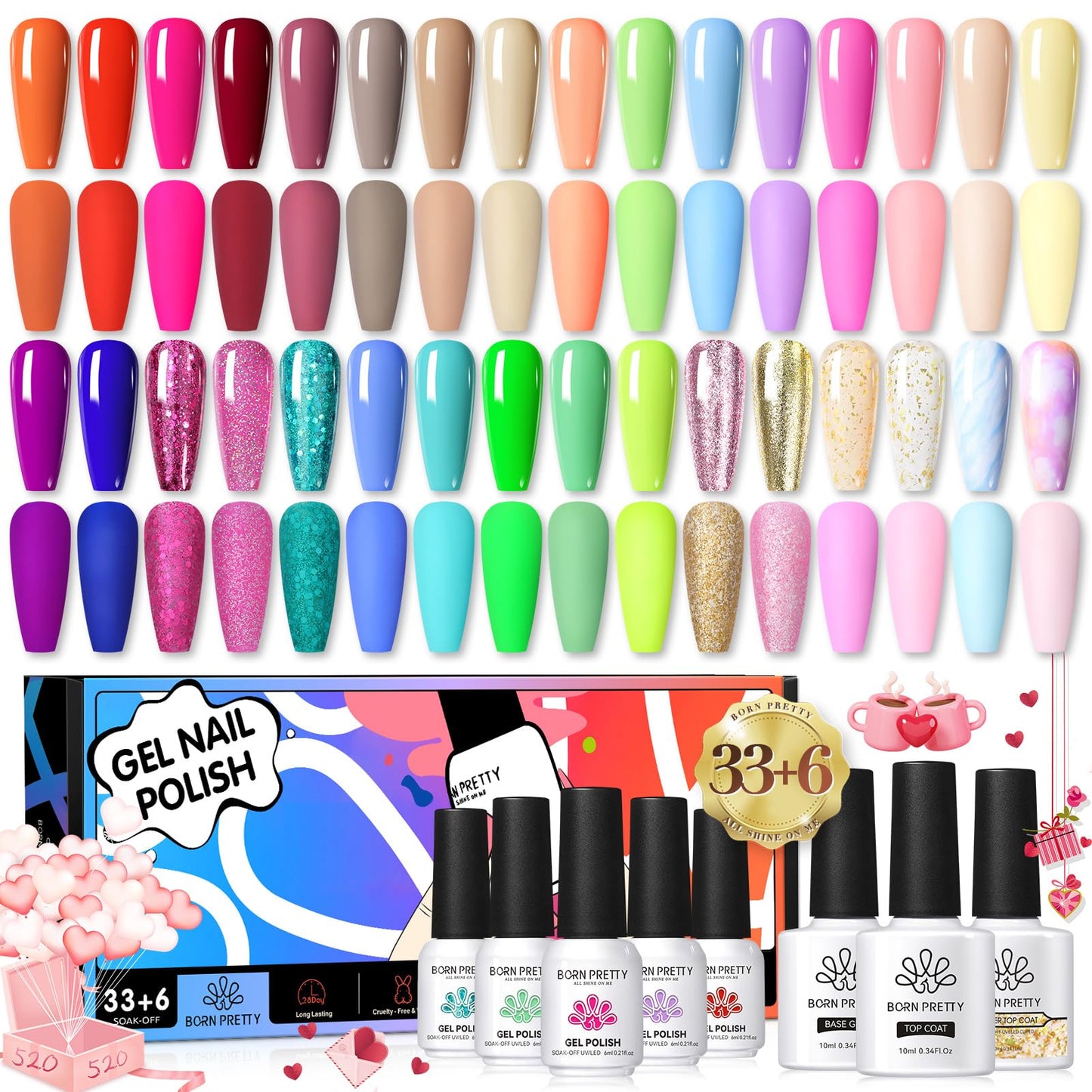 Born Pretty Neon Gel Nail Polish Set Spring Summer Pastel Color Gel Polish with Base Top Coat Blooming Gel Nude Pink Yellow Green Blue Glitter Colors Gel Polish