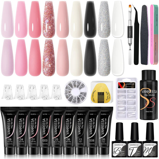 VANREESA Poly Nail Gel Kit 9 Colors Poly Nail Gel White Pink Clear Black Poly Extension Gel Nail Kit 25 Pcs Poly Nail Gel Kit Starter Kit with Manicure Tools Gifts Gel Nail Kit for Women