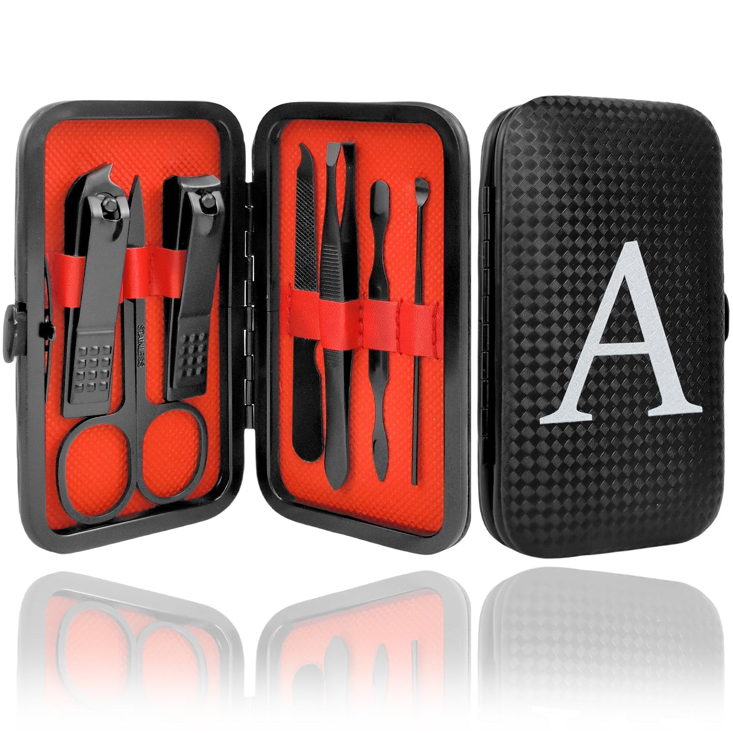 Manicure Set Nail Clipper Kit 7Pcs with 1 Initial Letter Case Travel Accessories for Men Women Grooming Kit Personalized Pedicure Toenail Fingernail Care Tools Gift for Father Husband Black A
