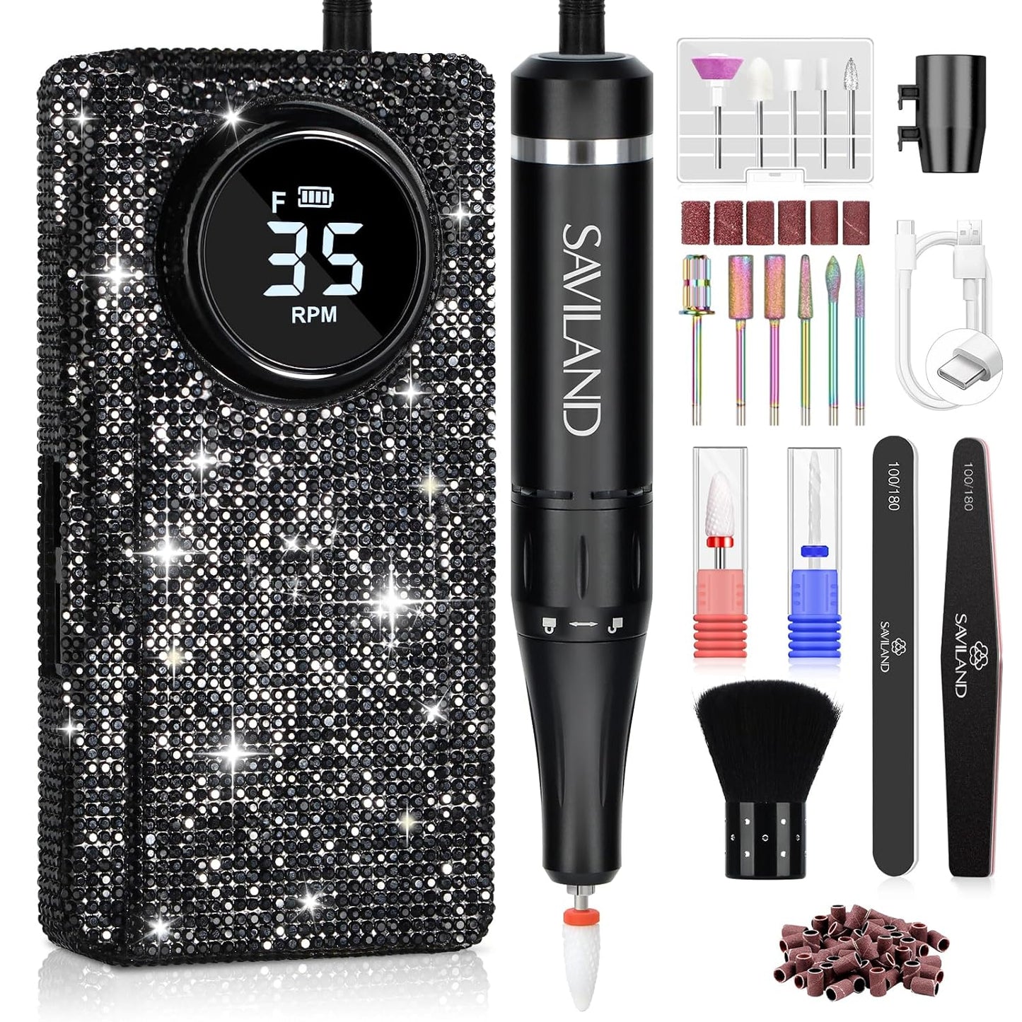 Saviland Nail Drill: Electric Nail Drill Kit 35000RPM 13 Drill Bits Nail Tech Professional Drill Nail File Buffer Dust Brush Black Crystal Diamond Expert Salon Use Manicure Pedicure