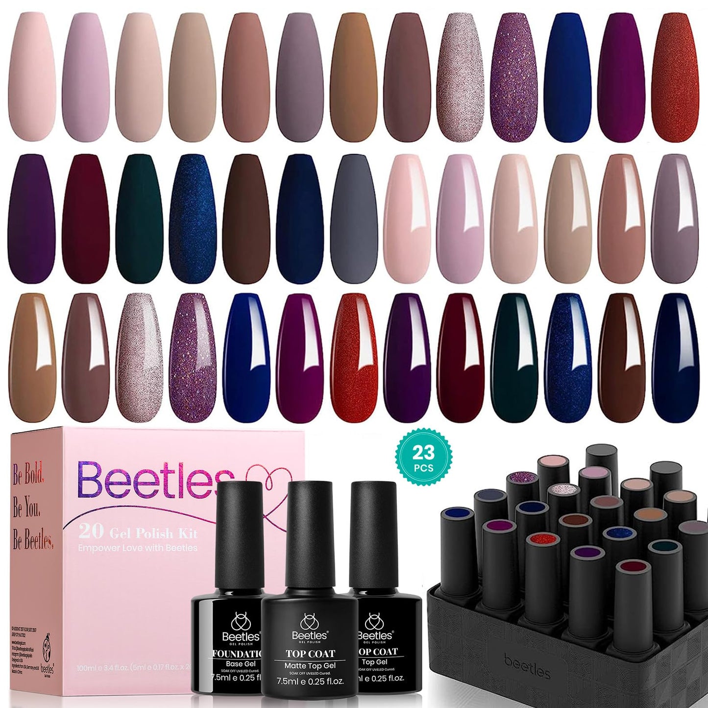 Beetles 23 Pcs Gel Nail Polish Kit - Manhattan Collection Winter Nude Glitter Burgundy Red Champagne Gold Gel Polish Soak Off UV Glossy & Matte Top Base Coat Gifts for Women