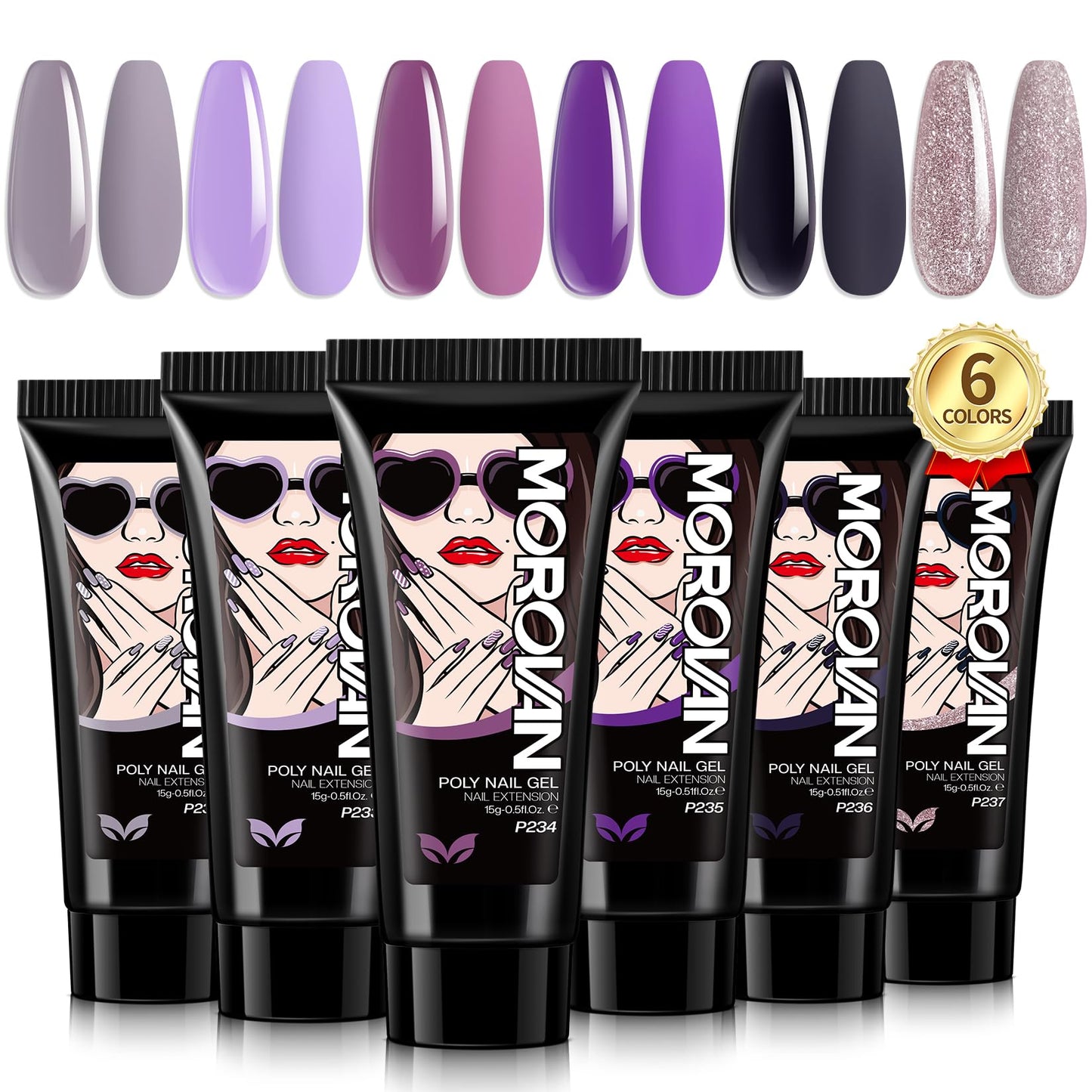 Morovan Poly Gel Nail Colors: 6 Colors Purple Poly Nail Gel - Long Lasting Poly Nail Extension Gel Trendy Builder Gel Nail Art Design