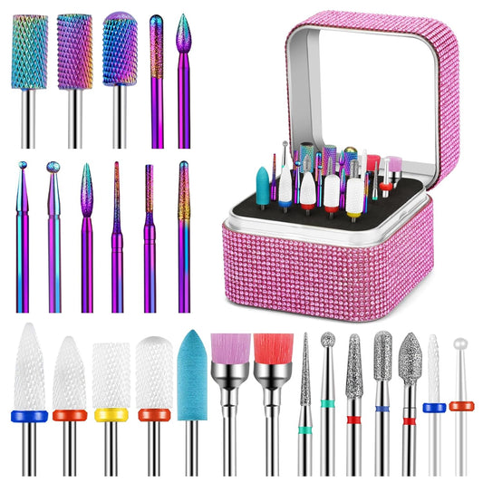 25Pcs Nail Drill Bits Set with Storage Box, 3/32 Inch Tungsten Ceramic Diamond Carbide Nail Drill Bits for Acrylic Nails Gel Polish, Cuticle Efile Remover Bits for Manicure Pedicure